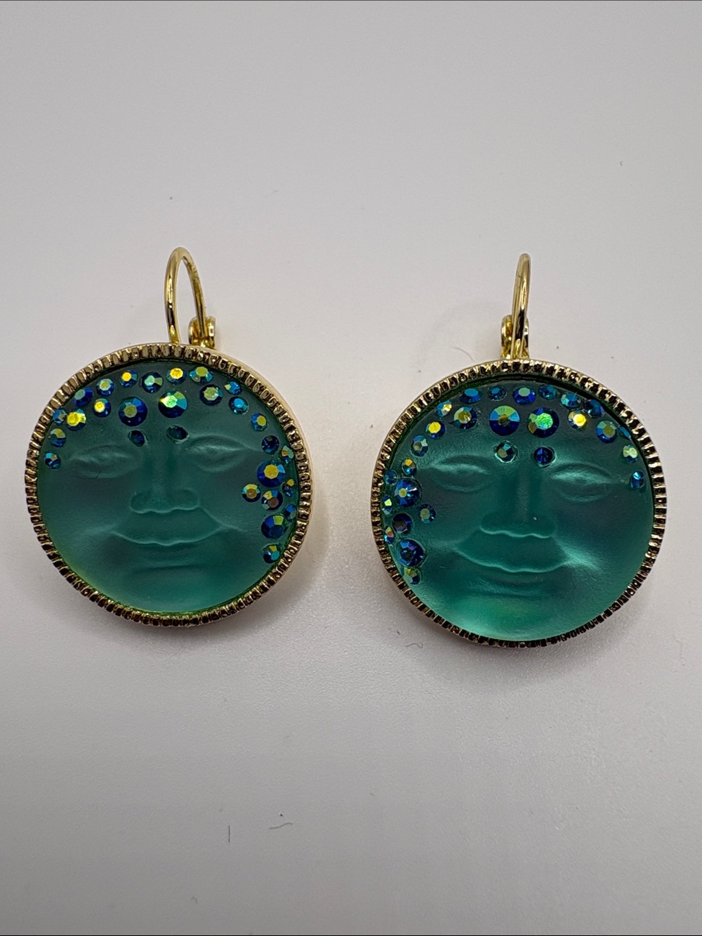 Kirk’s Folly Gold-Trim Teal Moon Face Drop Earrings with Blue Crystal Accents